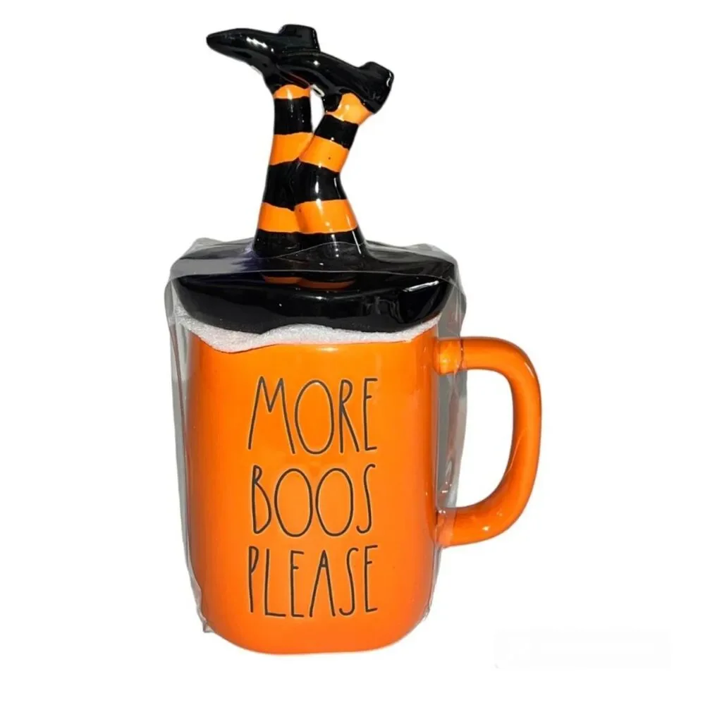 Rae Dunn MORE BOOS PLEASE Lidded Halloween Mug Witch's Legs Witchy Decor
